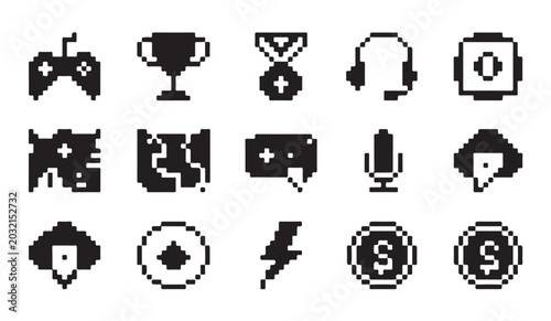 Fotografie Minimalist pixelated game elements including medals headsets microphones and currency symbols