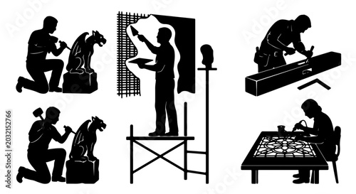 Bild auf Leinwand Artisan craftsman silhouettes set, professional stonemason and sculptor working