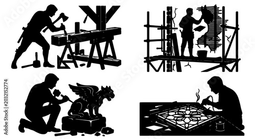 Fotografía Artisan Craftsmanship Set: Stone Carver, Sculptor, Masonry, and Mosaic Artist Si