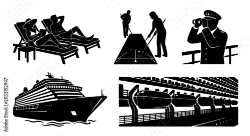 Fotografie Cruise Ship Icons Set: Vacation Leisure, Navigation Officer, Lifeboats, and Pass