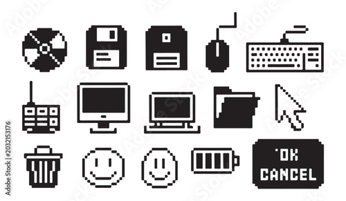 Tableau sur toile Collection of retro pixel art computer and interface icons on white background