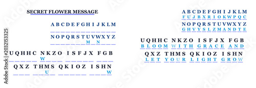 Bild auf Leinwand Cryptogram puzzle SECRET FLOWER MESSAGE in blue and gray tones, a logic game f