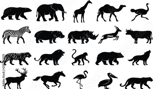 Photography Wild Animal Black Silhouette Vector Icon Set Featuring Safari, Zoo, and Jungle C