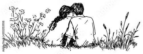 Romantic couple sitting in tall grass field seen from behind in hand drawn ink sketch style