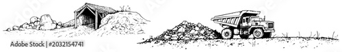 Konstfotografi Dump truck and mining entrance at quarry site with gravel piles in hand drawn sk