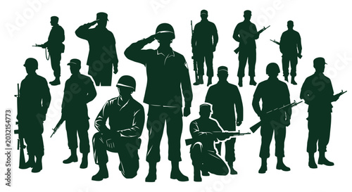 Tableau sur toile Silhouettes of soldiers in various positions.