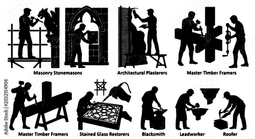 Εκτύπωση καμβά Medieval Craftsmen Set: Stonemasons, Timber Framers, Plasterers, Stained Glass,