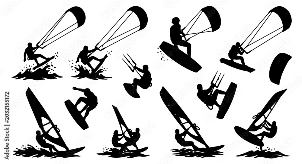 Fototapeta premium Kitesurfing and windsurfing silhouettes set, extreme water sports icons collection, black kiteboarding and windsurf vector graphics