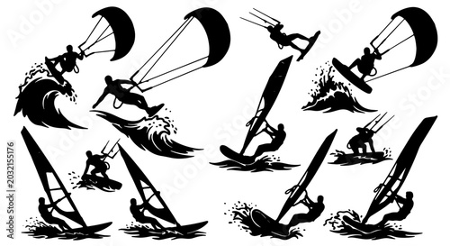 Foto Dynamic Silhouette Vector Pack: Windsurfing and Kitesurfing Action, Water Sports