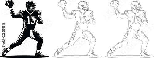 Canvas Print Football quarterback throwing motion sequence in solid white and outline vector styles for sports graphic design