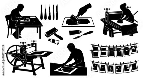 Foto Printmaking Studio Icons, Artist Tools & Techniques, Vintage Art Process Vector