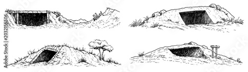 Bild auf Leinwand Underground bunker shelters and hillside hideouts set in detailed sketch style