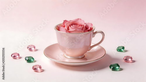 Teacup with rose and gemstones