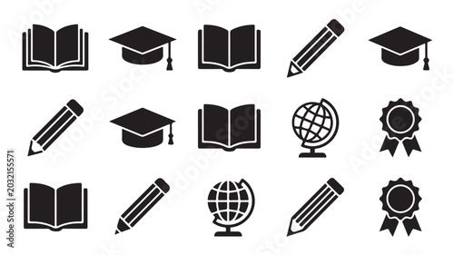 Education Icons Set Including Books, Graduation Caps, Pencils, Globe, And Certificates For Academic Concepts