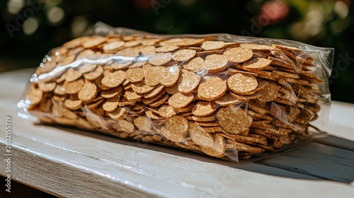 Packed cork chips in transparent compostable packaging on wooden bench