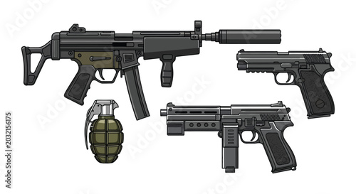 Schilderij op canvas Assortment Of Firearms And Grenade Vector Illustration On White Background