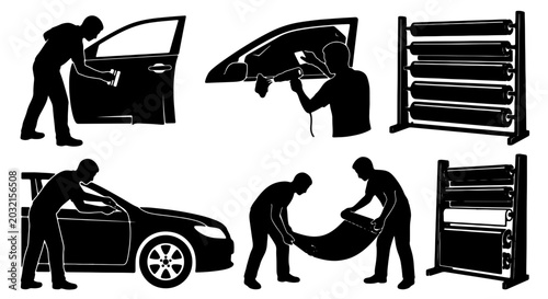 Car Window Tinting Service Icons, Automotive Film Installation Vector Set, Professional Auto Detailing Graphics