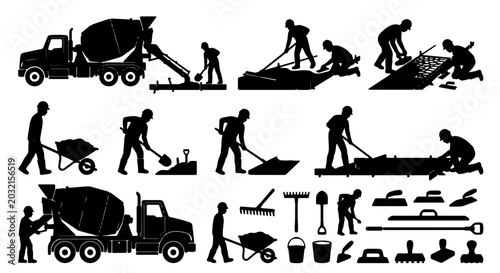 Foto Construction Worker Silhouettes, Cement Mixer Truck Icons, Building Industry Too