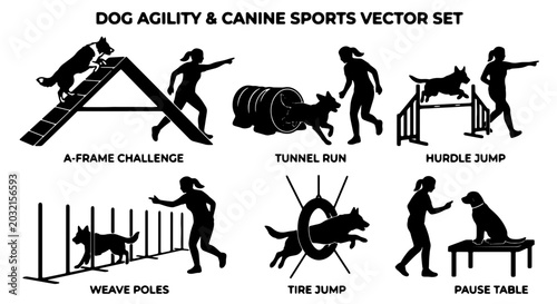 Fotografía Dog Agility & Canine Sports Vector Set: 7 Icons Featuring A-Frame, Tunnel, Hurdl