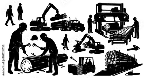 Lumberjack and Logging Industry Silhouettes: Wood Processing, Timber Harvesting, and Forestry Operations Vector Set
