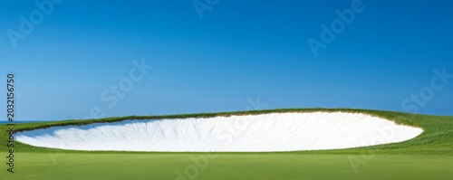 A pristine white sand bunker, sharply contrasting vibrant green grass and a vast clear blue sky, hints at a distant ocean horizon. Minimalist coastal golf serenity. Golf Course,