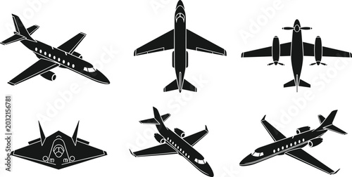 Cuadro en lienzo Collection of private jet and military aircraft silhouettes for aviation theme design projects graphic