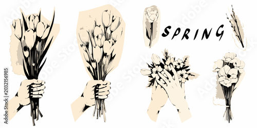 Fotografie Floral bouquets held in hands vintage style vector illustration