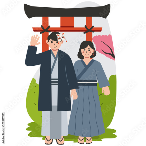 Japanese Couple Tourism Flat Vector Illustration