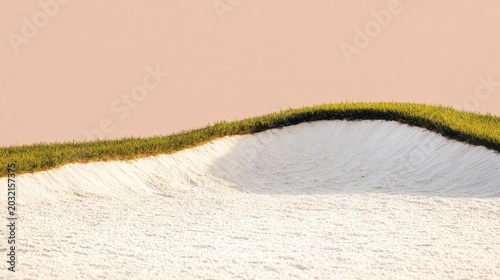 Abstract minimalist golf bunker gentle curve of white sand and green grass meets serene peach sky, highlighting natural textures and calm. Golf, Tranquility