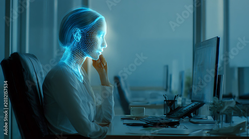 Digital holographic female assistant sitting at a corporate desk with a computer monitor representing future automation and virtual workforce