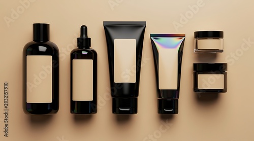 Cosmetic skincare products arranged on a neutral background for beauty and wellness.