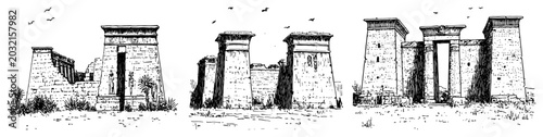 Schilderij op canvas Ancient Egyptian temple ruins set with stone pylons and columns in sketch style
