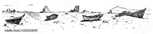 Fotografija Old wooden boats and shipwrecks on a sandy beach in hand drawn engraving style
