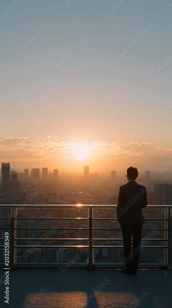 Fototapeta premium Pensive Businessman Overlooking Cityscape at Sunrise: A lone businessman in a suit stands on a balcony, gazing thoughtfully at a sprawling city bathed in the soft, golden hues of dawn.