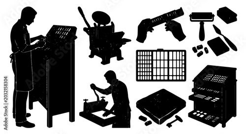Foto Vintage Printing Press Tools, Silhouette Set of Lithography Equipment, Retro Pri