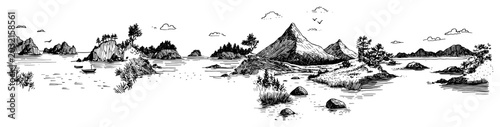 Photography Lakeside landscape panorama with rocky islands and distant mountains in vintage
