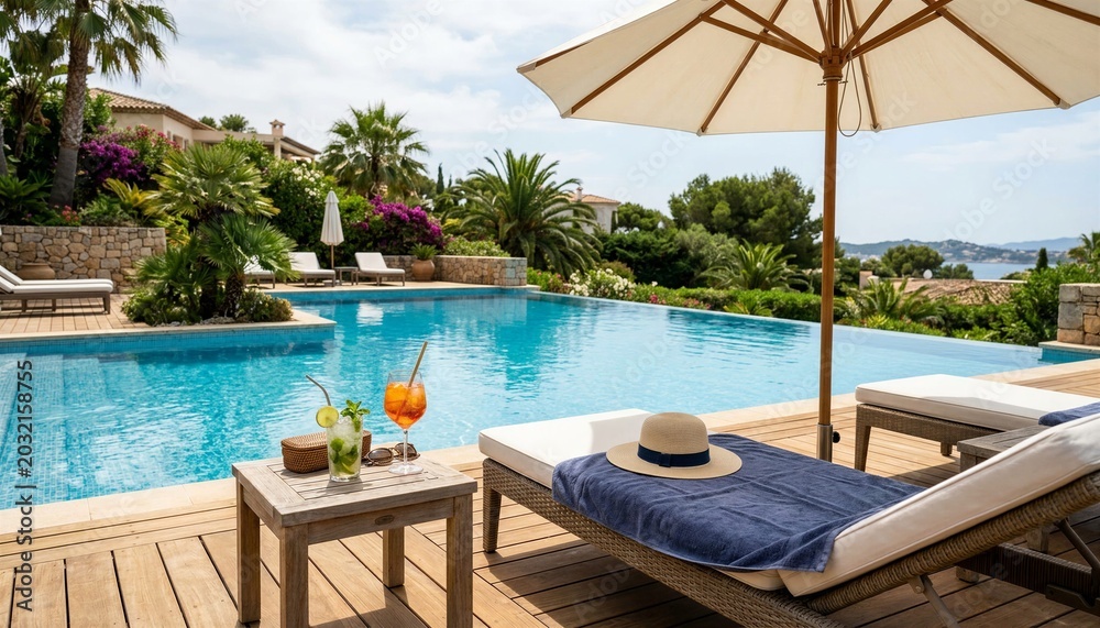 Fototapeta premium Luxury Poolside Table With Umbrella And Refreshing Summer Drinks