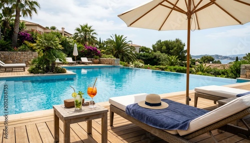Luxury Poolside Table With Umbrella And Refreshing Summer Drinks