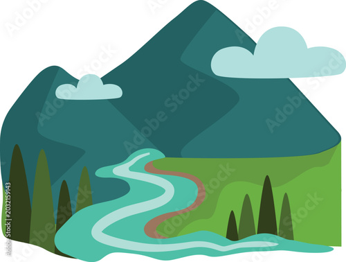 Mountain River Scenic Flat Vector Illustration