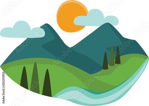 Green Valley Mountain Flat Vector Illustration