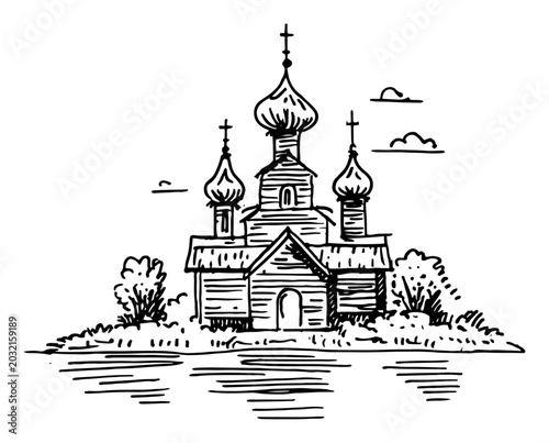 Fotografie Orthodox wooden church with onion domes by a lake in hand drawn doodle style