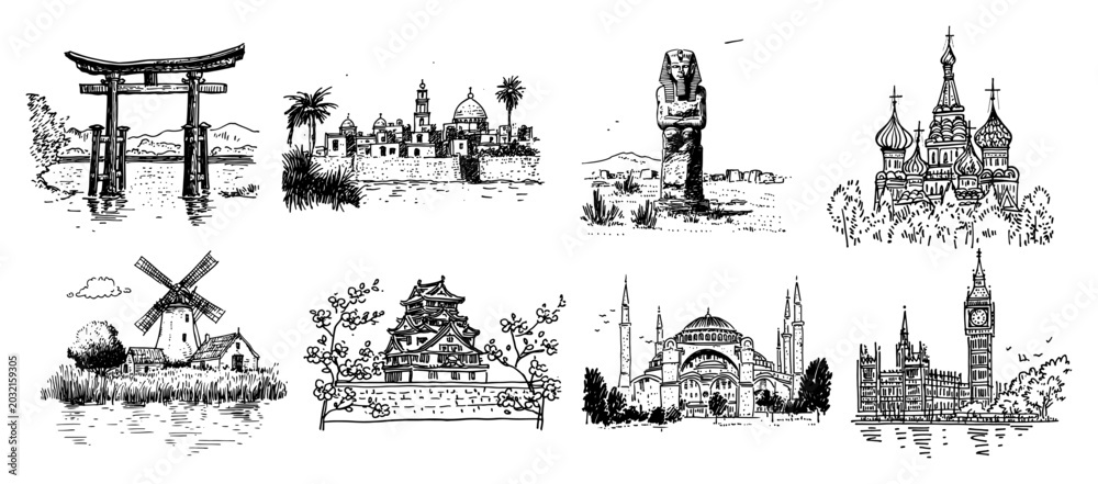Fototapeta premium World landmarks collection with global monuments and historical architecture in sketch style