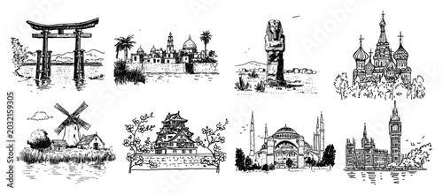 Fotografie World landmarks collection with global monuments and historical architecture in