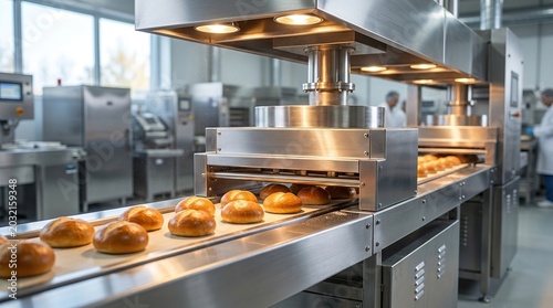 Modern industrial baking machine processing fresh round bread buns on metallic assembly line in automated food manufacturing facility with bright clean workspace area environment.