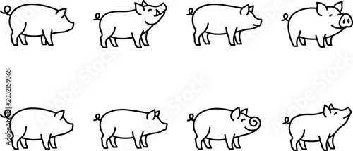 Tableau sur toile Cartoon Pig Outline Icon Collection with Farm Animal Characters, Cute Swine Illu