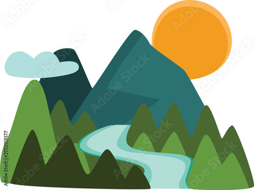 Forest River Mountain Flat Vector Illustration