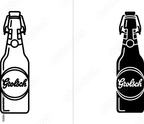 Swing top bottle with label in white and black outline against a white background