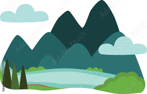 Dark Mountain River Flat Vector Illustration