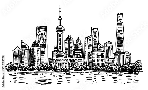 Photography Shanghai skyline with skyscrapers and Oriental Pearl Tower at waterfront in hand