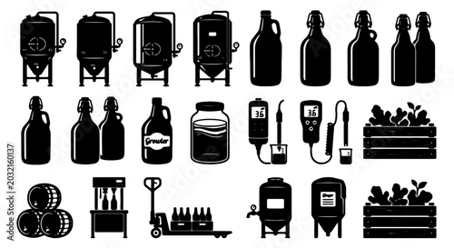 Foto Brewery Equipment Icons, Craft Beer Bottles, Fermentation Tanks, and Barrels Vec